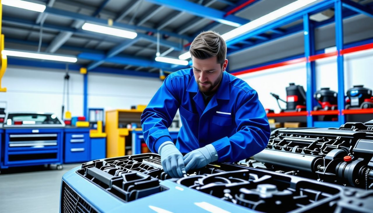 Un mécanicien vérifie le moteur d'une voiture d'occasion dans un garage bien éclairé, entouré d'outils et de pièces de moteur, avec une lumière brillante mettant en valeur les détails du moteur.