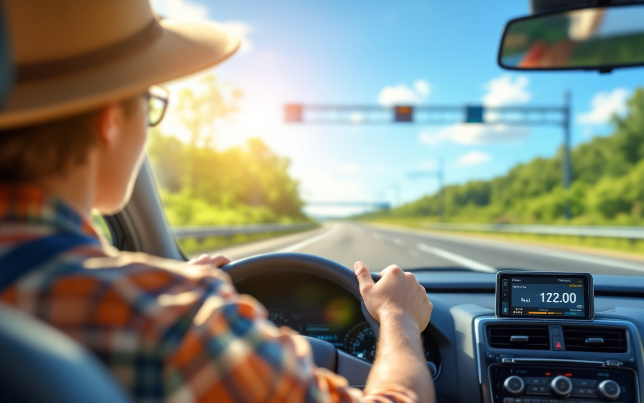 Un passager dans une voiture avec un tag de péage, conduisant sur une autoroute ensoleillée, entouré de verdure luxuriante et d'un ciel bleu clair.