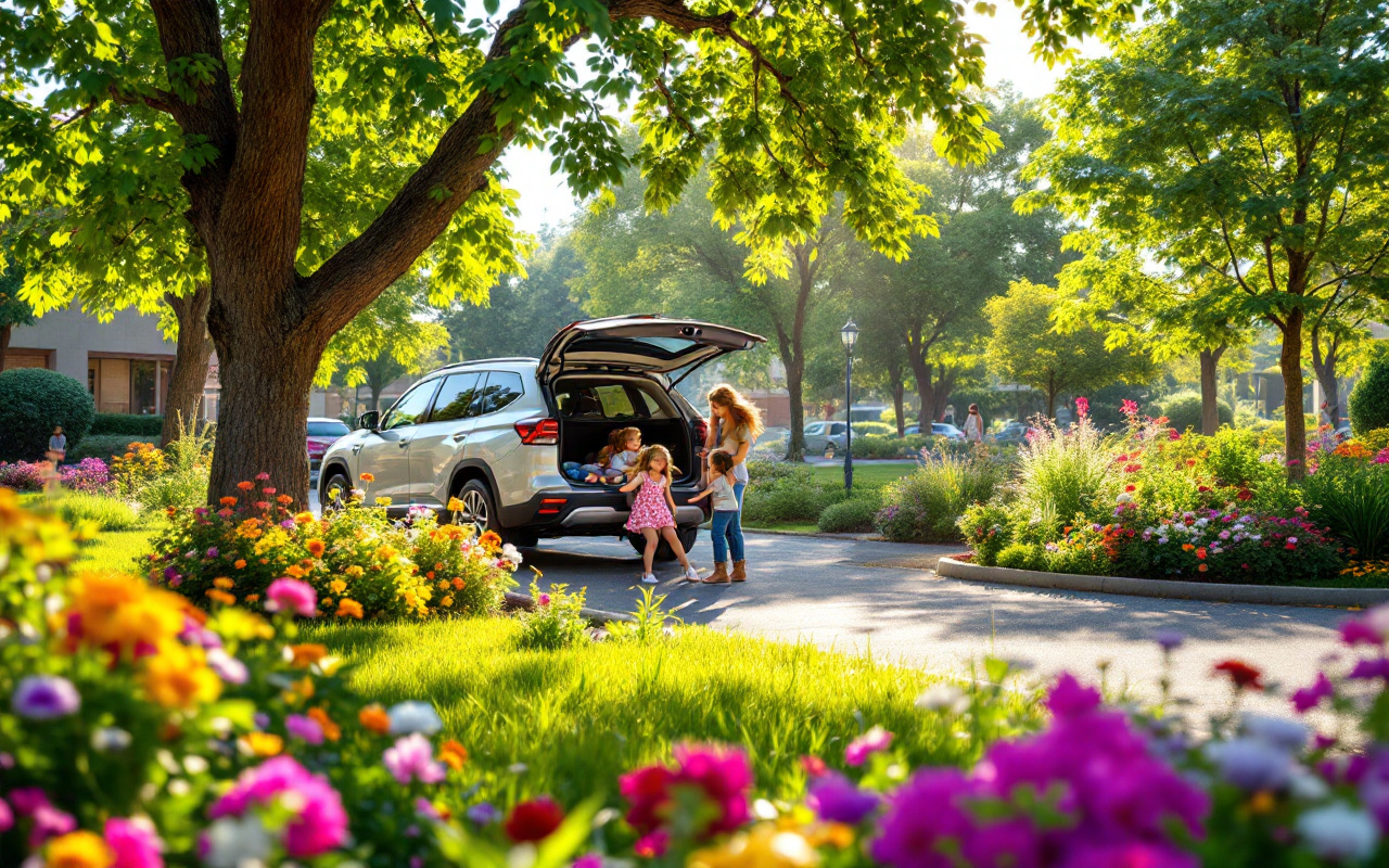 Un SUV garé dans un environnement familial, avec de l'herbe verte, des fleurs colorées et des enfants jouant à proximité, sous un soleil éclatant filtrant à travers les arbres.