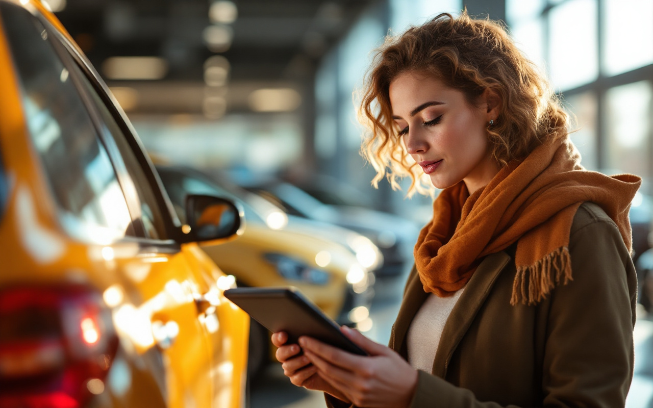 Une personne comparant des modèles de voitures et leurs prix dans une concession, avec un regard concentré, la lumière du soleil passant par les fenêtres, différentes voitures visibles à l'arrière-plan.