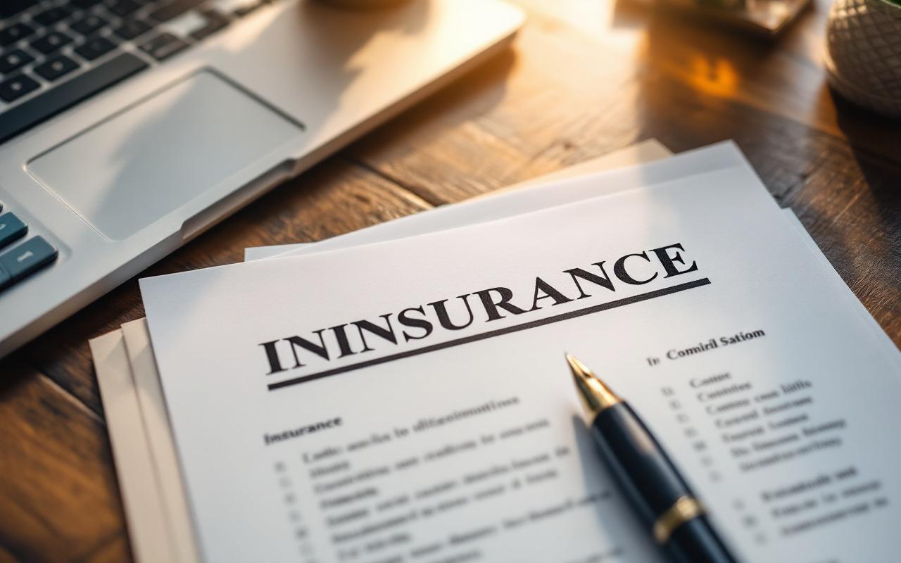 Une image montrant des documents d'assurance soigneusement disposés sur un bureau moderne, accompagnés d'un stylo élégant, dans une ambiance chaleureuse.