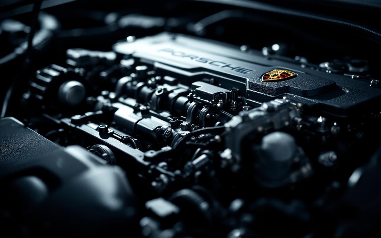 Gros plan sur des pièces de moteur Porsche, mettant en avant la précision et les détails des composants en métal, avec des reflets brillants sur une surface sombre.