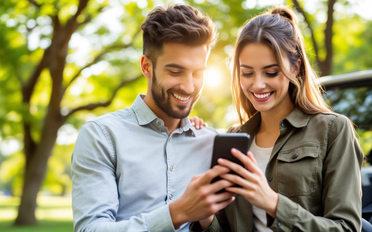 Une personne assise dans un parc, utilisant une application mobile pour vérifier l'historique d'un véhicule, avec un sourire concentré et des arbres en arrière-plan.