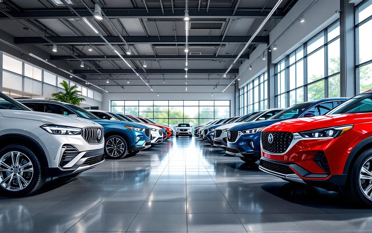 Image d'un concessionnaire automobile présentant divers modèles de SUV dans un environnement moderne et lumineux, mettant en valeur les couleurs vives et les textures des véhicules.