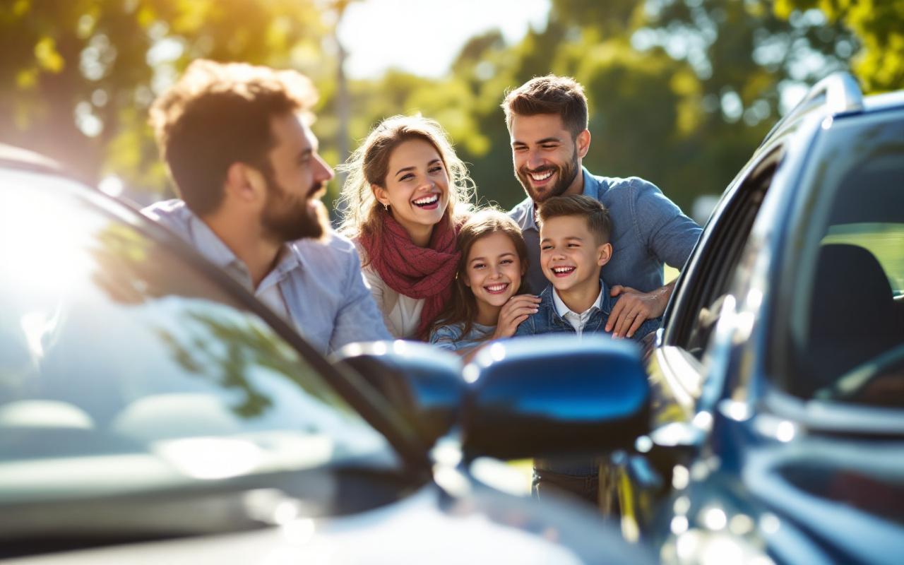Une famille heureuse choisissant une nouvelle voiture dans une concession automobile en plein air, avec des sourires et un décor naturel sous un soleil éclatant.