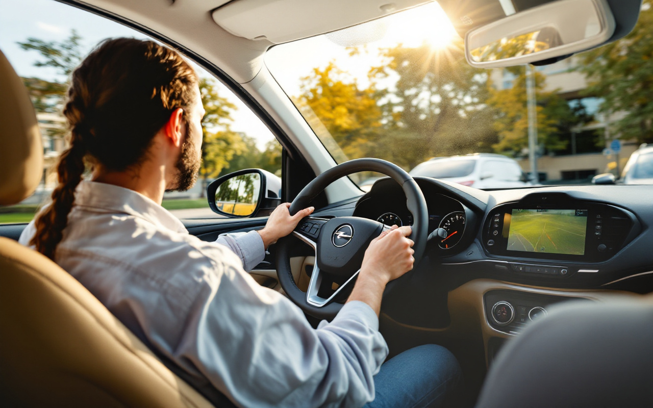 Un conducteur en train de tester un Opel Crossland sur une rue urbaine ensoleillée, entouré d'arbres.