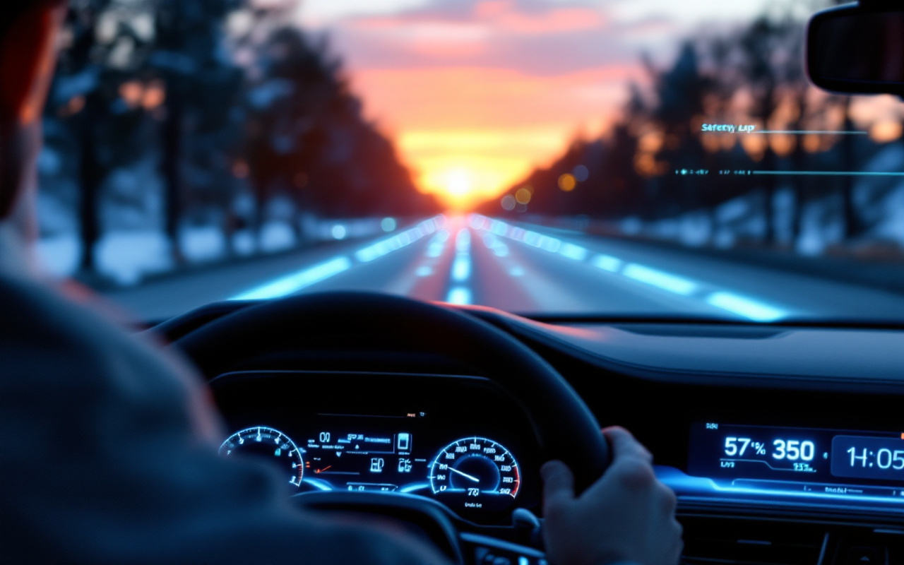 Gros plan photoréaliste d'un tableau de bord montrant un affichage tête haute projeté sur le pare-brise et l'interface d'assistance à la sécurité sur l'écran numérique. Détails en cuir et finitions métalliques, éclairage volumétrique aux tons bleus et ambre de coucher de soleil.
