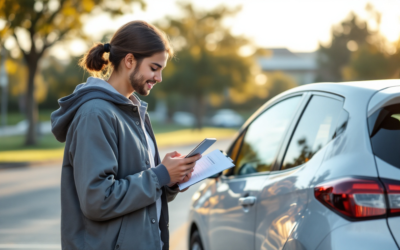 Étudiant comparant des devis d'assurance à côté d'une petite voiture, tenant une tablette et des papiers dans un parking de banlieue, ambiance naturelle et lumineuse, couleurs dominantes bleu, gris et blanc.