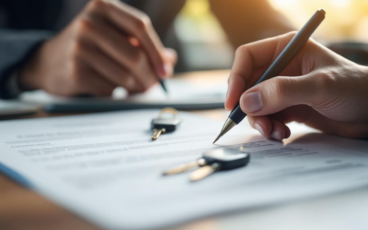 Gros plan sur des mains signant un contrat de location de voiture posé sur une table, un trousseau de clés à côté, stylo en main, ambiance de bureau naturelle avec lumière douce et tons chauds.