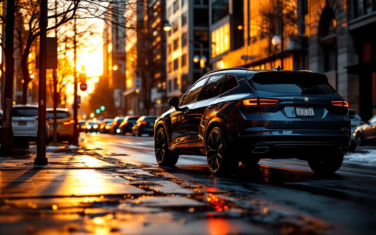 Crossover urbain garé dans une rue de ville, photo réaliste au coucher du soleil avec lumière volumétrique dorée, tons bleu-gris et ambre, reflets sur le bitume humide, ambiance calme et naturelle.