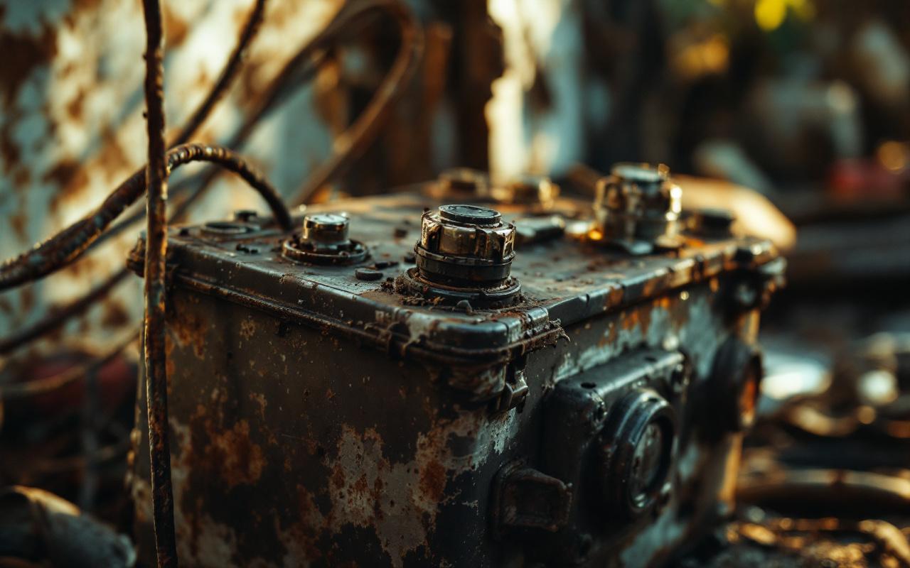 Gros plan d'une coque de batterie de moto gonflée avec bornes fortement corrodées, dépôts blanchâtres et verdâtres, éclats de rouille, ambiance d'atelier sombre réchauffée par une lumière de coucher de soleil