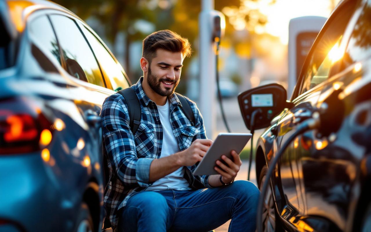 Conducteur comparant les coûts d'une voiture à essence et d'une voiture électrique sur une tablette, assis entre les deux véhicules près d'une borne de recharge, écran montrant des graphiques de coûts.