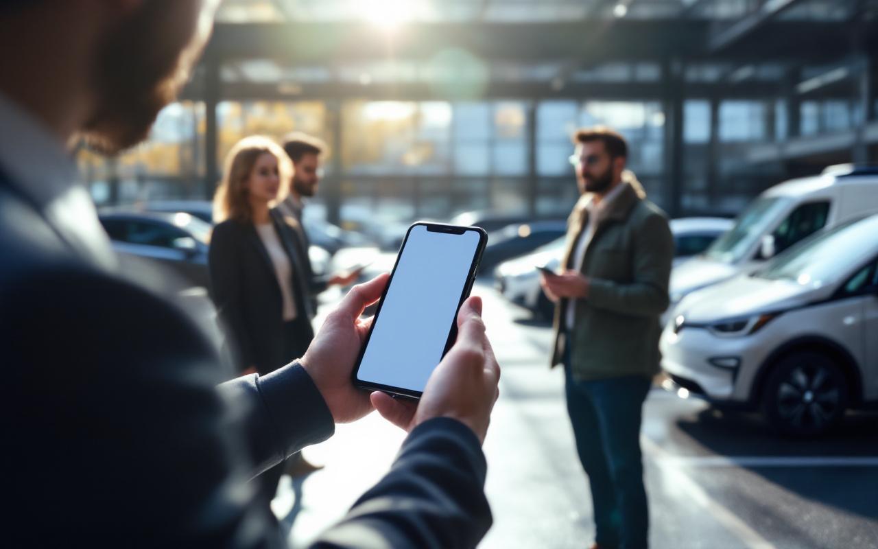 Équipe d'affaires diverse dans le parking d'un bureau moderne près de voitures de société partagées, une personne montre un smartphone avec l'application de réservation, lumière naturelle du matin avec rayons volumétriques, ambiance professionnelle et détendue.
