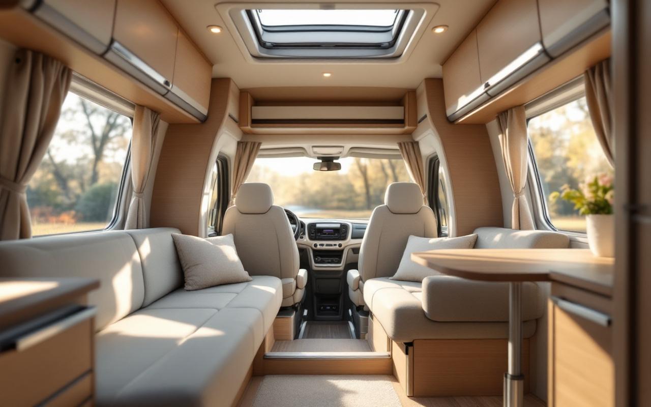 Intérieur réaliste d'un salon d'autocaravane compact avec banquettes face à face et petite table centrale, lanterneau au plafond laissant filtrer une lumière matinale volumétrique, finitions en bois clair et tissus beiges, ambiance chaleureuse et naturelle.
