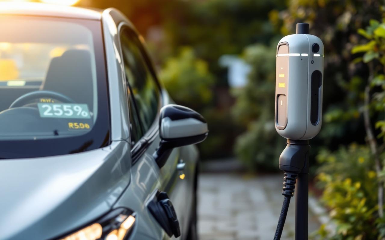 Voiture électrique citadine d'occasion en recharge dans l'allée d'une maison, étiquettes de prix visibles sur le chargeur et le pare-brise, lumière chaude de coucher de soleil, arrière-plan jardin urbain