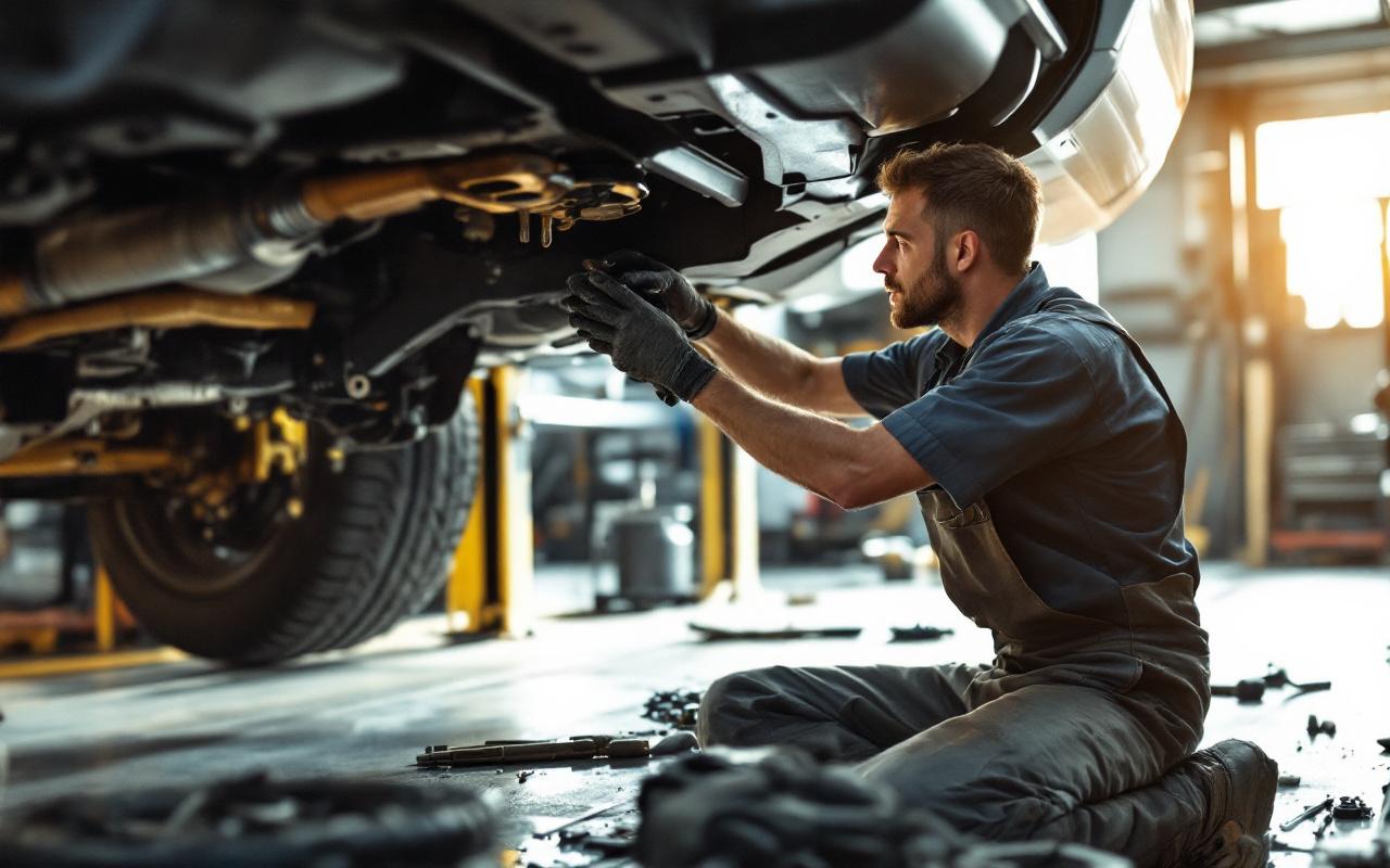 Un mécanicien en tenue de travail inspecte le sous-châssis d'un camping-car sur un pont élévateur dans un atelier, éclairage volumétrique chaud, outils éparpillés et atmosphère réaliste.