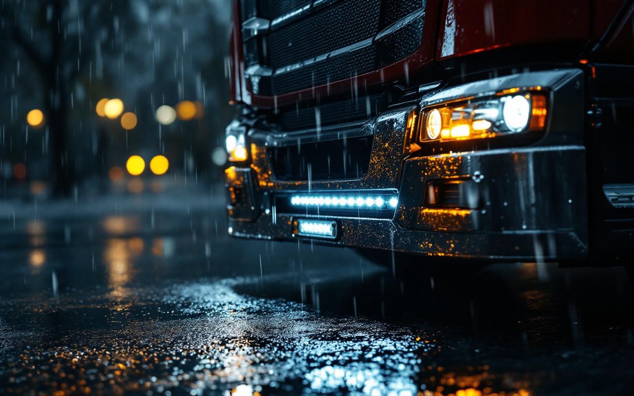 Gros plan sur la face avant d'un camion sous la pluie, barre lumineuse LED et feux antibrouillard allumés, reflets mouillés sur la carrosserie et le sol, atmosphère sombre avec faisceaux de lumière volumétriques.
