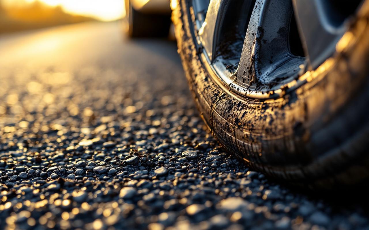 Gros plan d'un pneu de voiture fortement usé avec l'indicateur d'usure de la bande de roulement visible. Texture rugueuse du caoutchouc, fond d'asphalte flou, éclairage chaud de coucher de soleil.