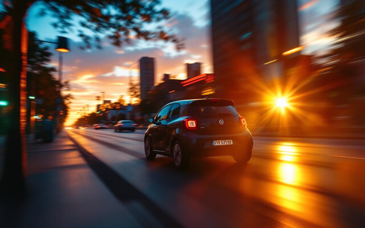 Petite voiture de ville roulant dans une rue urbaine au coucher du soleil, lumière dorée, reflets sur la chaussée humide, silhouettes d'immeubles sombres, ambiance réaliste et cinématographique.