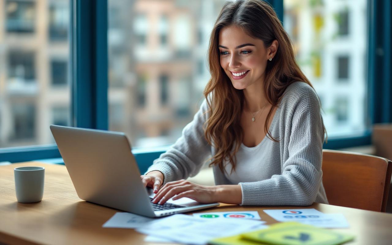 Femme assise à un bureau, étudiant des panneaux routiers sur un ordinateur portable affichant un simulateur d'examen en ligne, avec des fiches et panneaux imprimés autour, lumière douce matinale et ambiance naturelle.