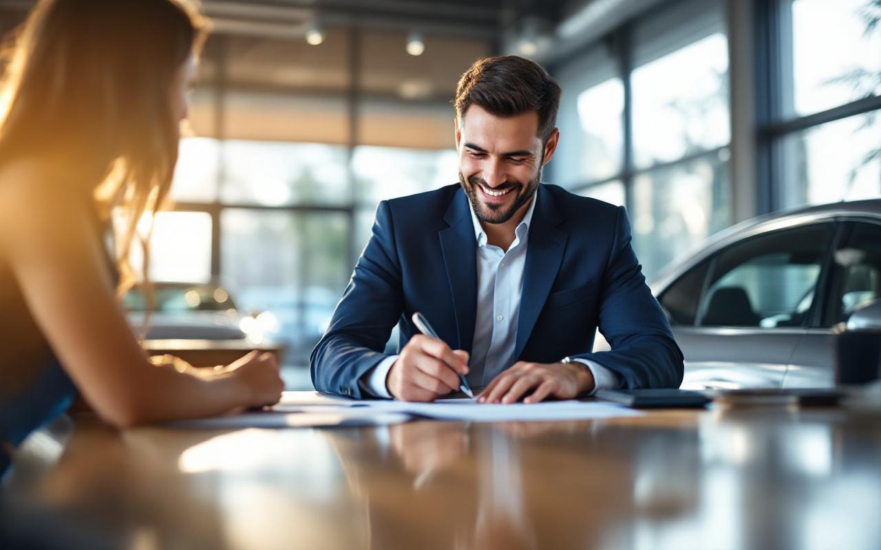 Un homme signe un contrat de location de voiture dans un showroom moderne, assis à un bureau tandis qu'un vendeur lui tend un stylo, une voiture neuve argentée en arrière-plan et une lumière naturelle chaleureuse filtrant par de grandes baies vitrées.