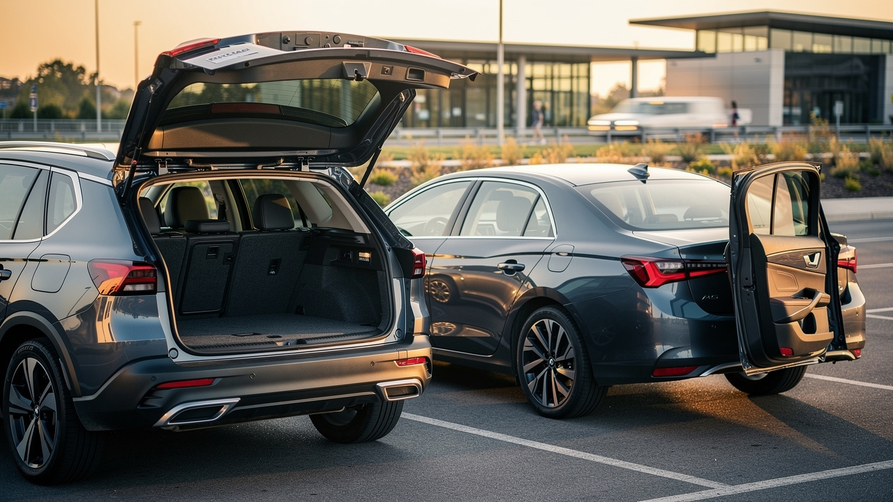 Comparaison visuelle réaliste entre une berline et un SUV compact sur une aire d’autoroute, mettant l’accent sur le confort et l’espace de chargement.