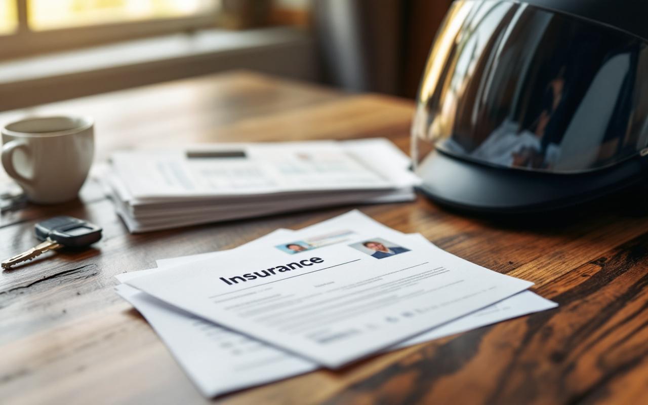 Documents d’assurance pour scooter, carte grise et contrat ouverts sur une table, avec casque et clés de scooter.