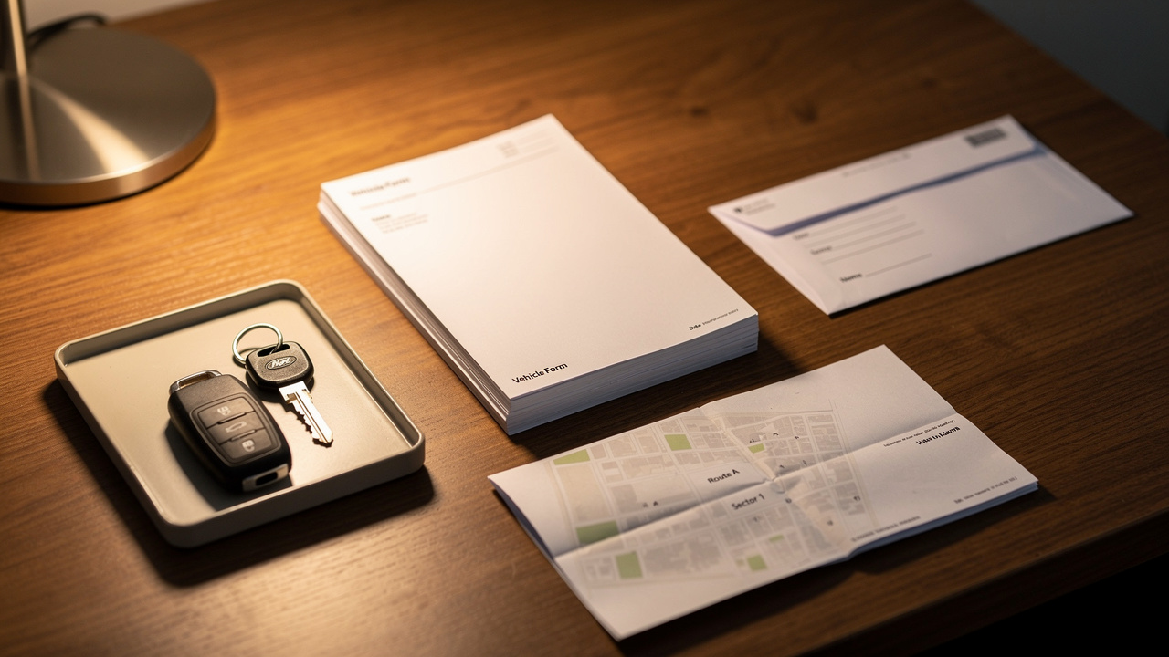 Table de bureau en bois avec une pile de documents vierges liés à un véhicule importé, une enveloppe, une feuille pliée sans éléments lisibles et un trousseau de clés posé sur un plateau.