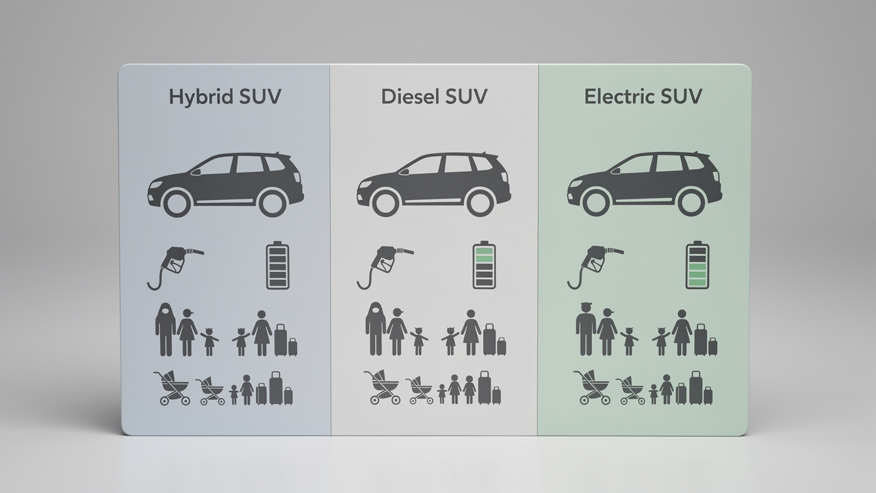 Tableau comparatif en studio, avec trois catégories de SUV hybrides, diesel et électriques, illustrées par des pictogrammes de carburant et de batterie, ainsi que par des repères liés à un usage familial.