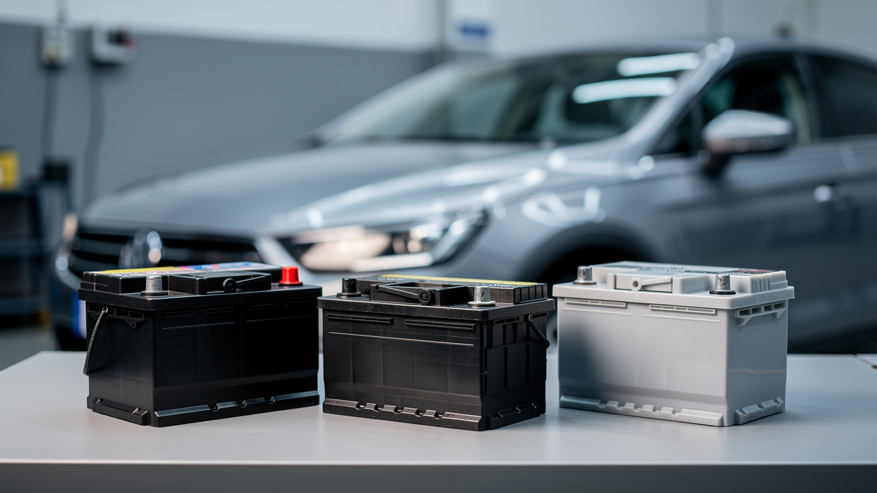 Tableau visuel comparant trois types de batteries pour voiture : batterie AGM, batterie EFB et batterie standard, avec une voiture diesel et la climatisation floues en arrière-plan.