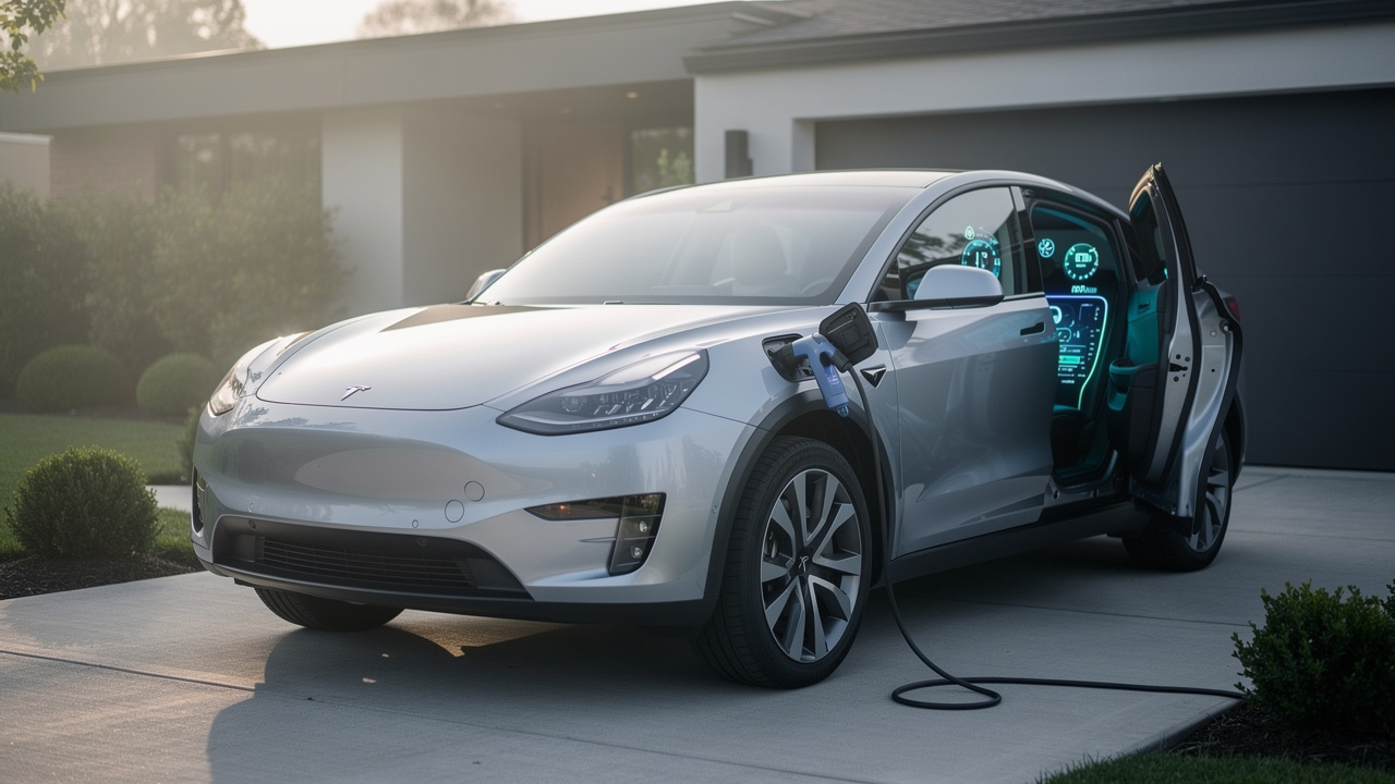 SUV hybride rechargeable branché à une borne de recharge domestique dans une allée résidentielle, avec un tableau de bord éclairé par des indicateurs abstraits d’énergie.