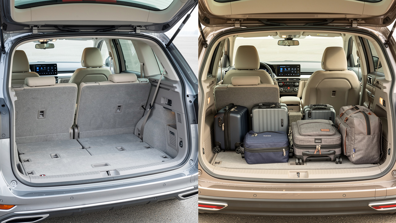 Vue comparative de l’intérieur de deux SUV familiaux avec banquettes arrière spacieuses, tableaux de bord modernes et coffres remplis de sacs de voyage.