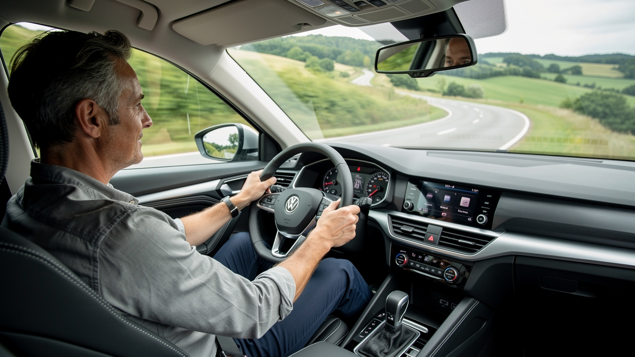 Vue intérieure d’une voiture moderne roulant doucement sur une route de campagne, avec un homme au volant, un tableau de bord propre et des pneus en bon état visibles sur le côté.